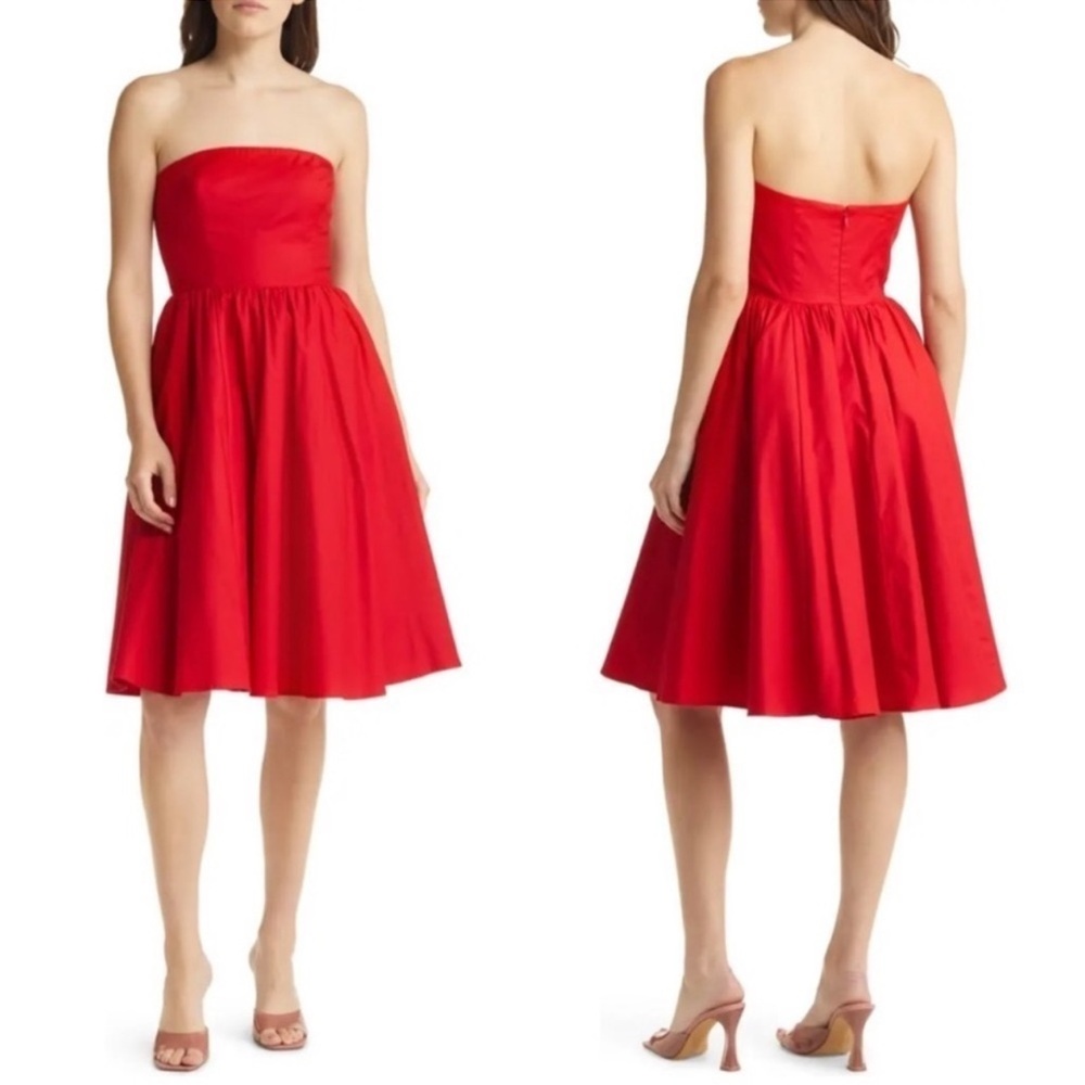 Reformation Buttercup Dress Cherry Red Strapless Straight  Midi Full